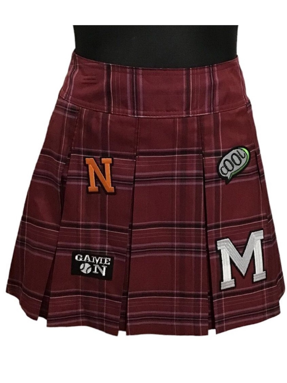No Boundaries Maroon Plaid Patch Pleated Skirt New Size XS